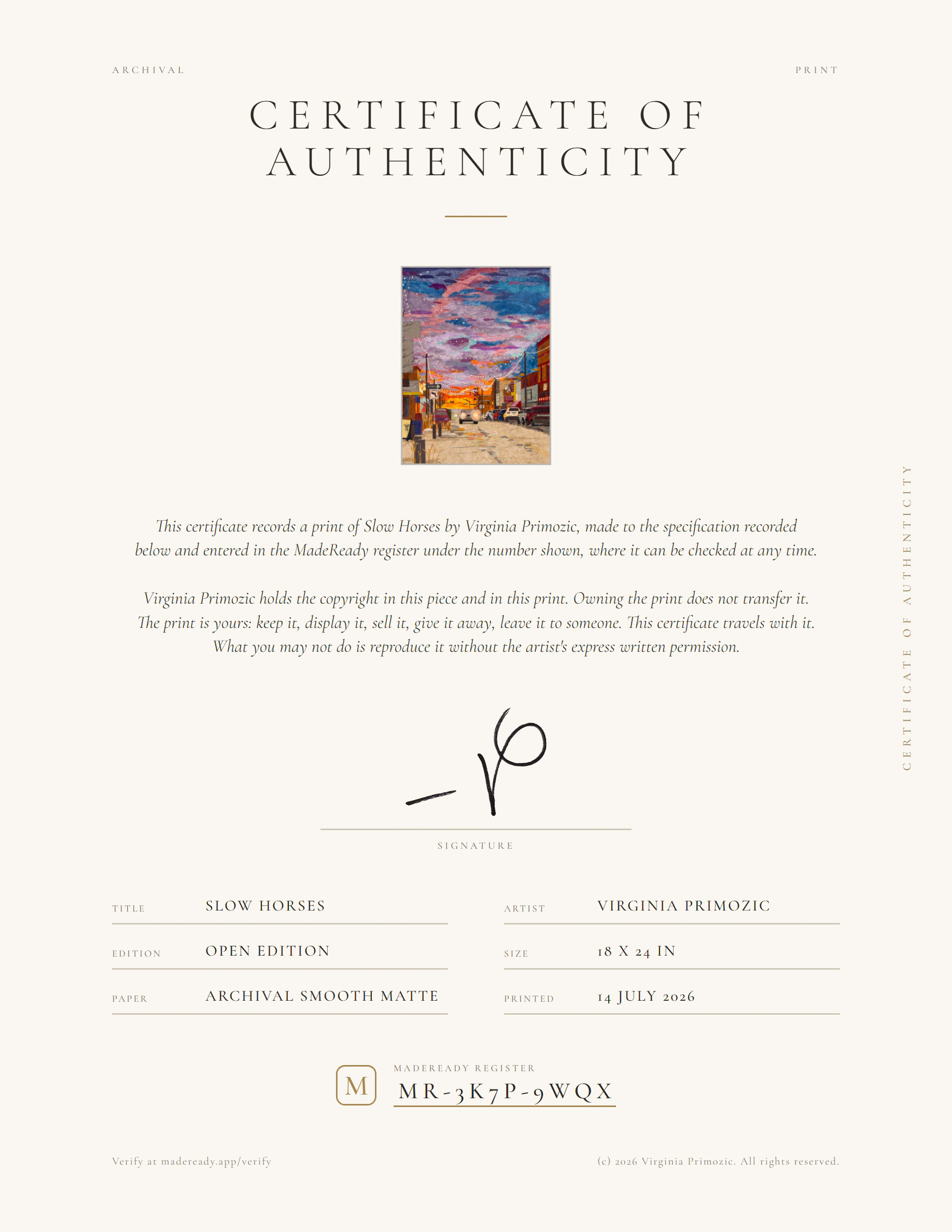 A MadeReady Certificate of Authenticity for Virginia Primozic's print Slow Horses: the artwork, her name and signature, the edition, size, paper type, date printed, and a unique certificate ID.