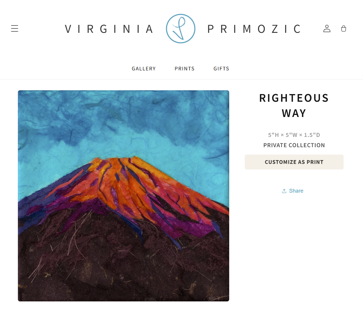 Virginia Primozic's Shopify product page for the piece Righteous Way, showing the Customize as Print button that MadeReady adds.